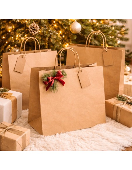 Bruine kraft papieren cadeautassen met labels en rode strik voor een kerstboom