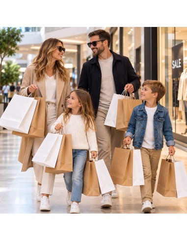 Gezin met witte en bruine kraft papieren draagtassen in een winkelcentrum