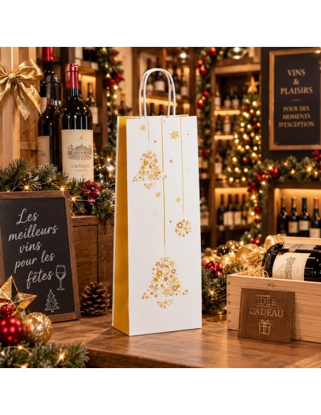 Sac papier bouteille à cloches dorées sur le comptoir d'un caviste décoré pour les fêtes