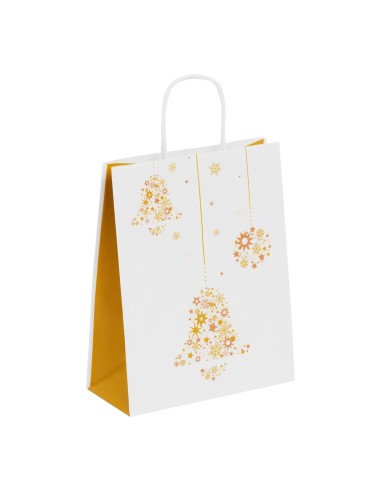 Witte papieren kerstdraagtas met gouden klokken, gouden zijvouwen en gedraaide handgrepen