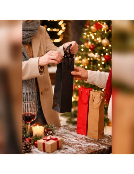 Sac papier bouteille noir 10+9x39 cm offert en cadeau de Noël, avec les versions rouge et kraft