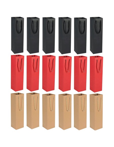 Sacs papier bouteille 10+9x39 cm en noir, rouge et kraft naturel