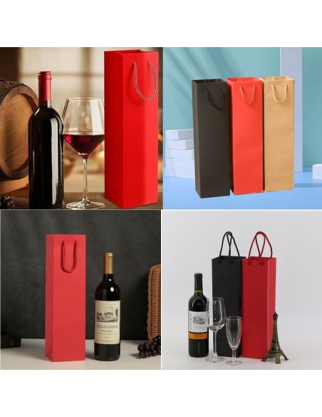 Sac papier bouteille 10+9x39 cm en rouge, noir et kraft naturel