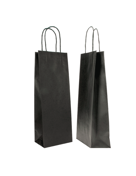 Sac papier kraft noir pour bouteille de vin 14+8x39 cm à poignées torsadées