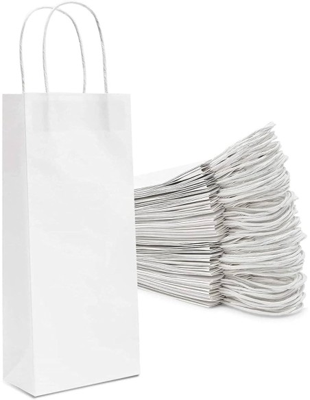Sac papier kraft blanc pour bouteille de vin 14+8x39 cm à poignées torsadées