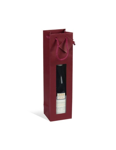 Sac luxe kraft rouge pour 1 bouteille à fenêtre, 10+9x38 cm, avec carte message