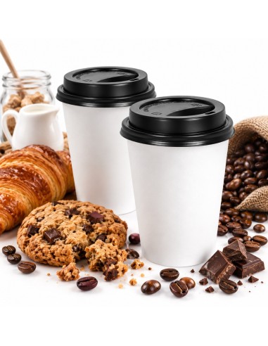 Gobelets à café en carton blanc 240 ml avec couvercles noirs - lot de 100
