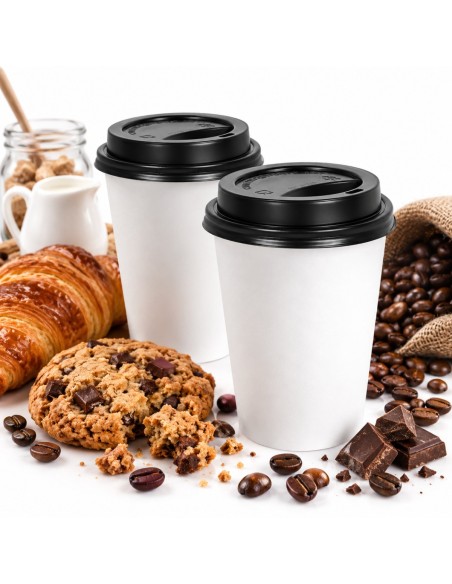 Gobelets à café en carton blanc 240 ml avec couvercles noirs - lot de 100
