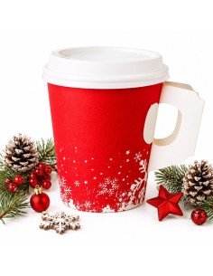 Gobelet carton Noël 240 ml rouge à flocons avec couvercle blanc et poignée - Packadi