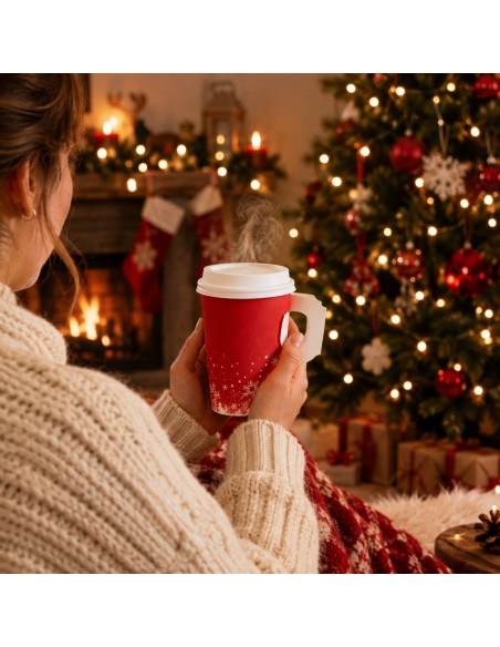 Gobelet de Noël rouge à couvercle blanc devant un sapin illuminé - Packadi
