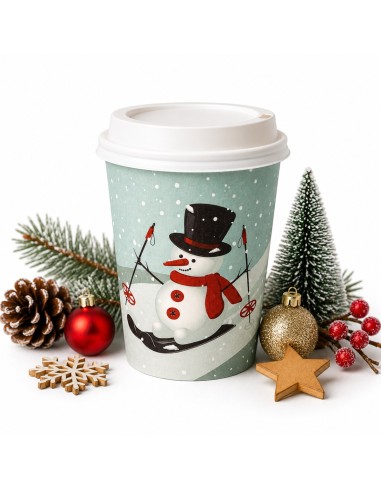 Gobelet carton Noël 240 ml bonhomme de neige avec couvercle blanc - Packadi