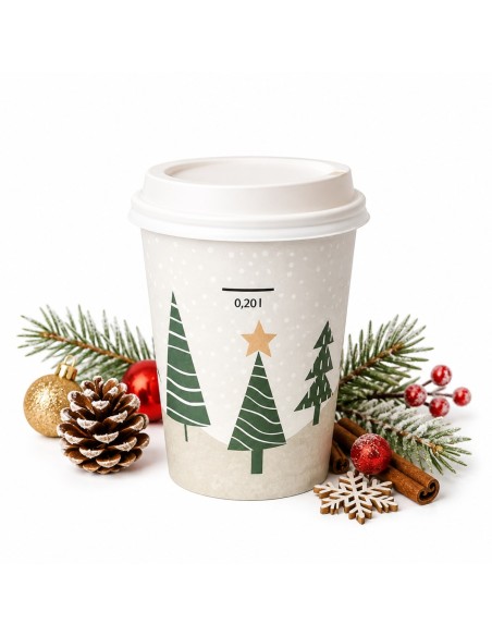 Gobelet carton Noël 240 ml motif sapins avec couvercle blanc - Packadi