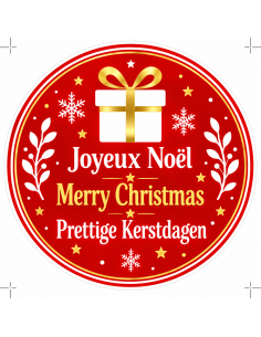 Ronde kerststicker 5 cm, gouden cadeau op rode achtergrond, tekst in het Nederlands, Frans en Engels