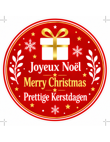 Ronde kerststicker 5 cm, gouden cadeau op rode achtergrond, tekst in het Nederlands, Frans en Engels