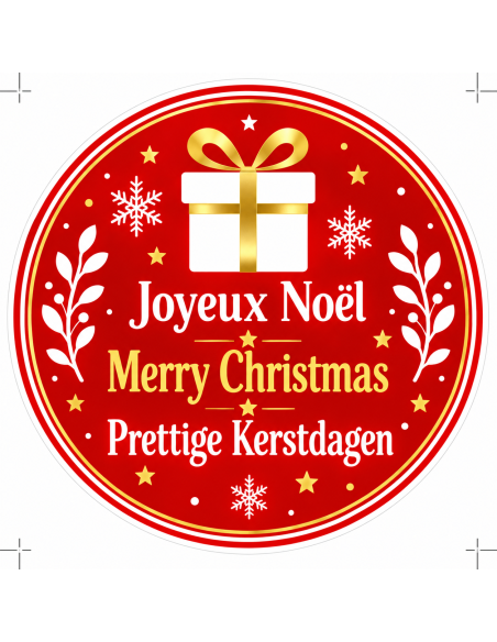 Sticker de Noël rond 5 cm, motif cadeau doré sur fond rouge, texte en français, anglais et néerlandais