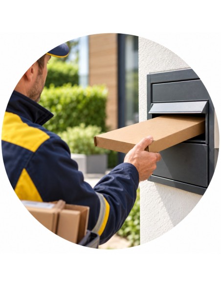 Postbode schuift een doos met zijklep door de gleuf van een brievenbus - Packadi