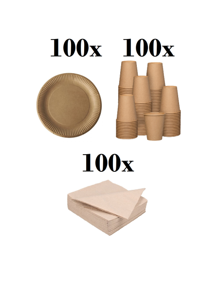 Bruin kraft wegwerpservies set: 100 borden, bekers en servetten