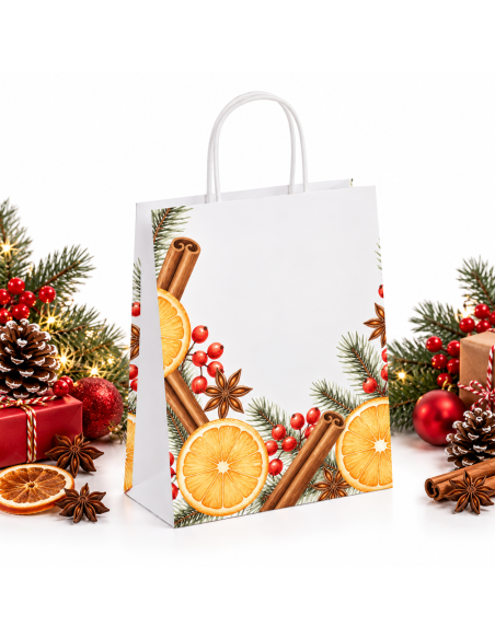 Kerst papieren draagtas sinaasappel en kaneel met kerstdecoratie