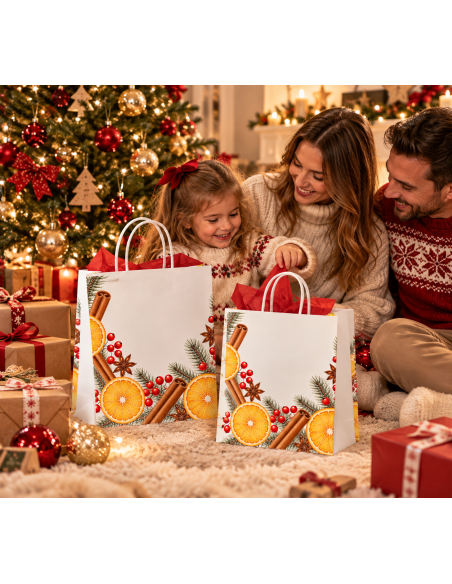 Sacs cadeaux de Noël ouverts au pied du sapin en famille