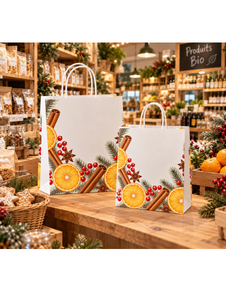 De twee maten kerstdraagtassen in een biowinkel