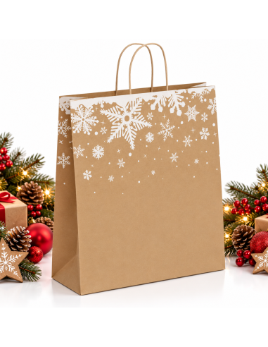 Grand sac papier kraft brun de Noël flocons de neige