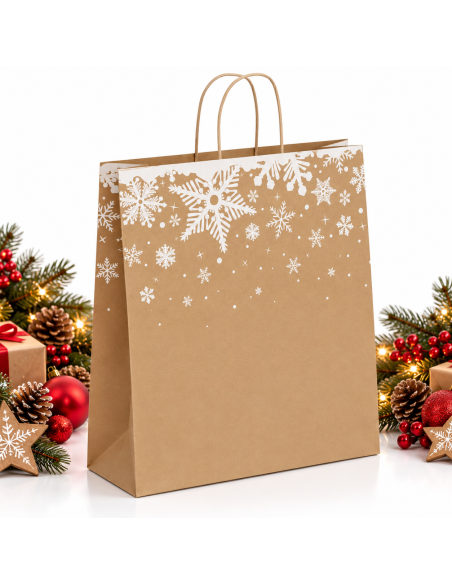 Grand sac papier kraft brun de Noël flocons de neige