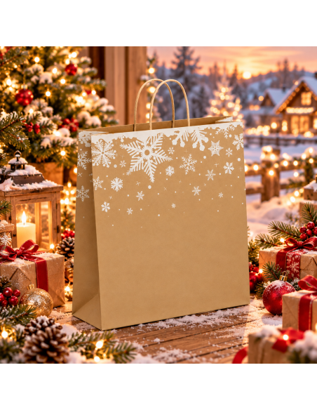 Grand sac de Noël flocons devant un chalet enneigé