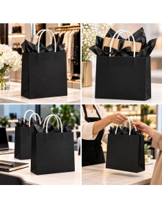 sac en papier kraft noir garni de papier de soie noir, devant un paquet de sacs pliés 2