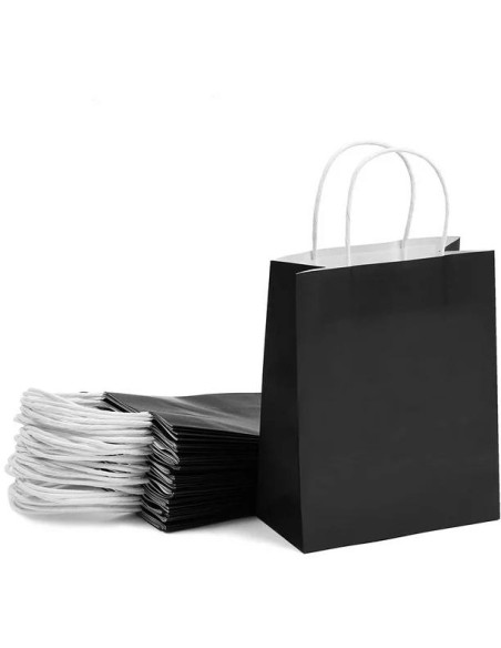 sac en papier kraft noir monté à côté d'un paquet de sacs pliés à plat