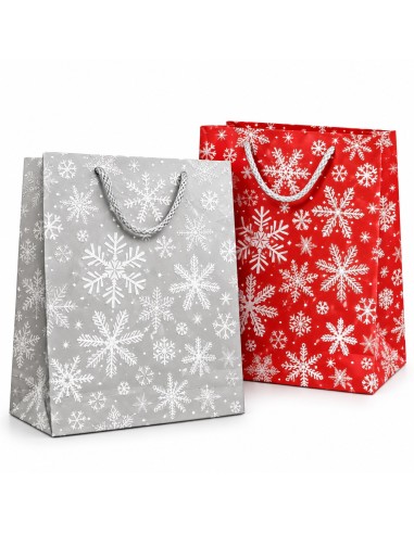Papieren cadeautasjes Zilveren Sneeuwvlokken 18x10x23 cm grijs en rood
