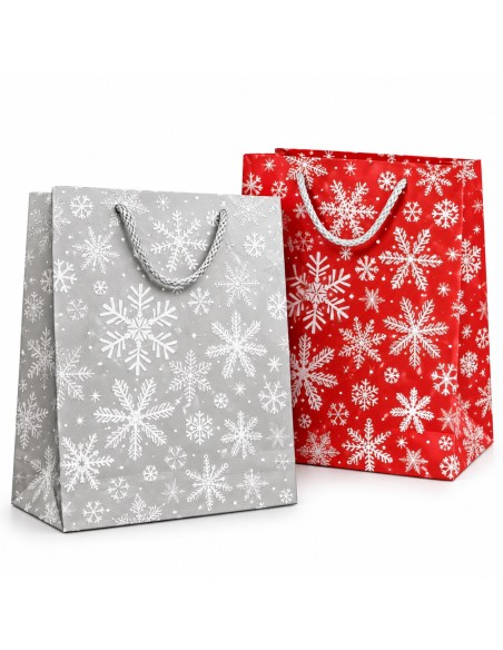 Sacs cadeaux papier Flocons d'Argent 18x10x23 cm gris et rouge