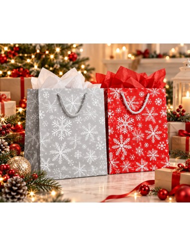Kerstcadeautasjes Zilveren Sneeuwvlokken met zijdepapier bij de kerstboom
