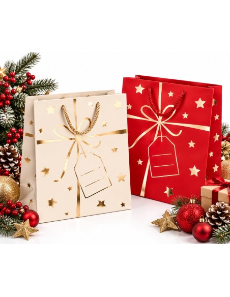 Sacs cadeaux de Noël Ruban d'Or crème et rouge avec décor de Noël