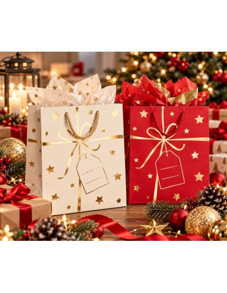 Kerstcadeautasjes Gouden Lint met zijdepapier bij de kerstboom