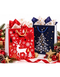 Kerstcadeautasjes Rendier & Sterrenboom rood en nachtblauw met kerstdecoratie