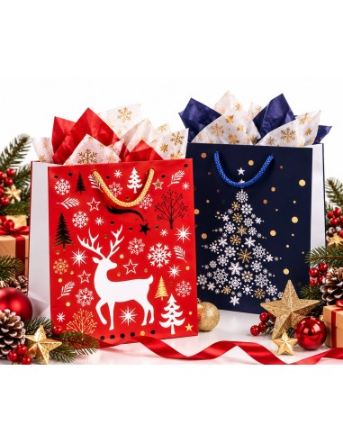Sacs cadeaux de Noël Renne & Sapin Étoilé rouge et bleu nuit avec décor de Noël