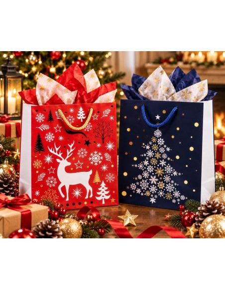 Kerstcadeautasjes Rendier & Sterrenboom met zijdepapier bij de open haard