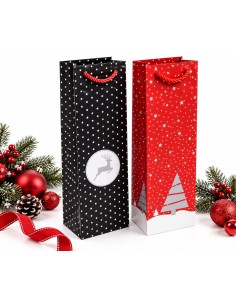 Kerstflessentasjes rendier zwart en kerstboom rood met kerstdecoratie