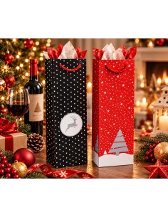 Kerstflessentasjes rendier zwart en kerstboom rood met kerstdecoratie 2
