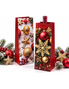 Kerstflessentasjes Gouden Sterren & Rode Bessen met fles