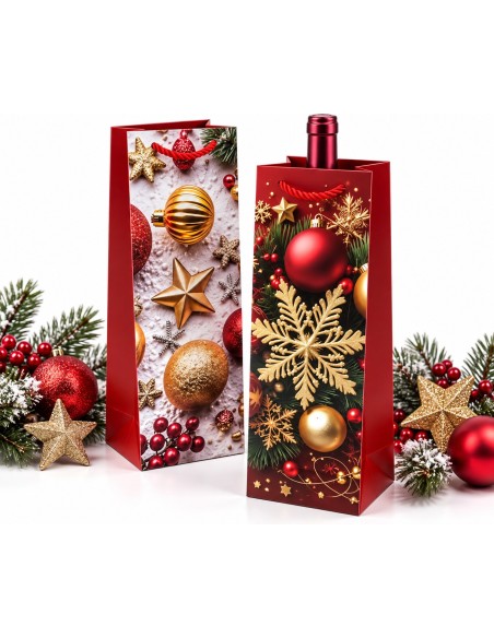 Sacs cadeaux bouteille de Noël Étoiles d'Or & Baies Rouges avec bouteille