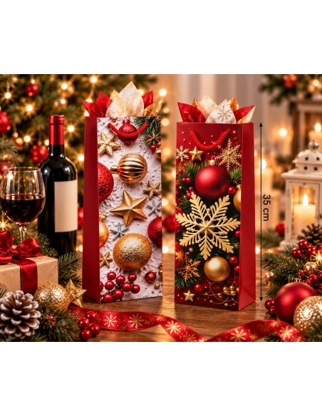 Kerstflessentasjes wit en rood 35 cm bij de kerstboom