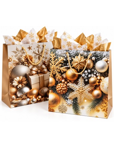 Grands sacs cadeaux de Noël Or Prestige dorés avec papier de soie