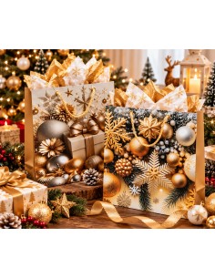 Grands sacs cadeaux de Noël Or Prestige dorés avec papier de soie 2