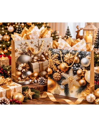 Sacs cadeaux de Noël Or Prestige 26x10x32 cm près du sapin