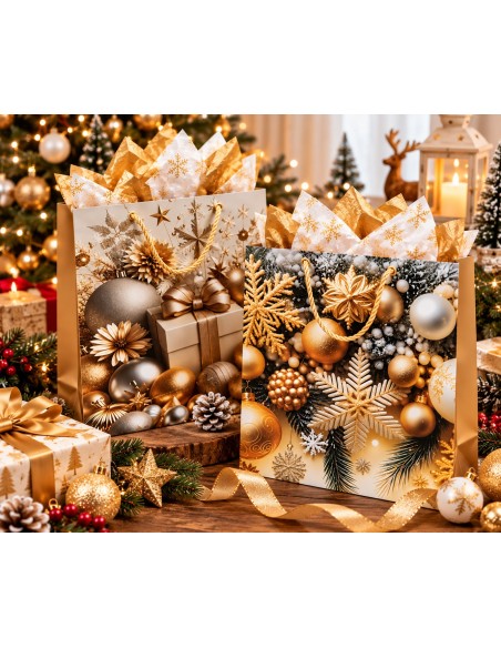Sacs cadeaux de Noël Or Prestige 26x10x32 cm près du sapin
