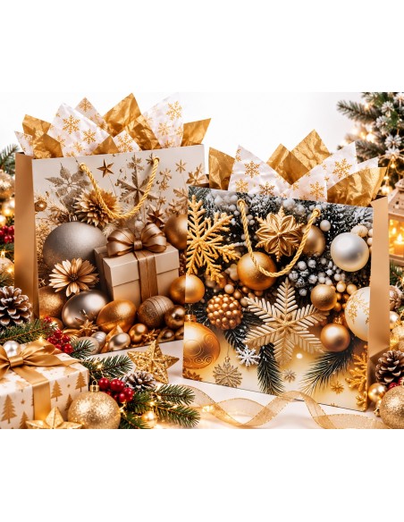 Gouden kerstcadeautasjes Goud Prestige met kerstballen en cadeau