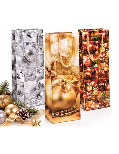 Kerstflessentasjes Glinsterende Kerstballen zilver, goud en rood