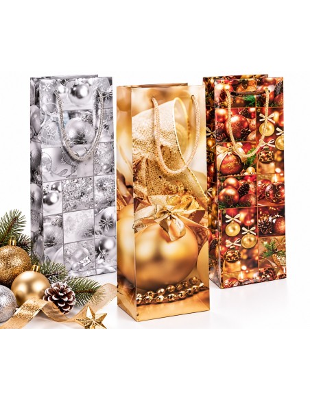 Kerstflessentasjes Glinsterende Kerstballen zilver, goud en rood