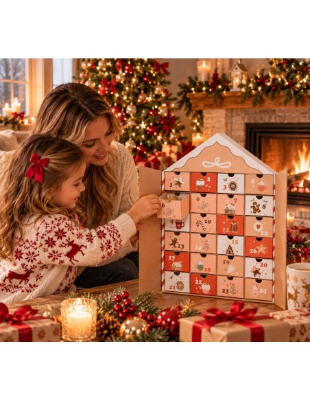 Adventskalender huisje met 24 laatjes bij de kerstboom